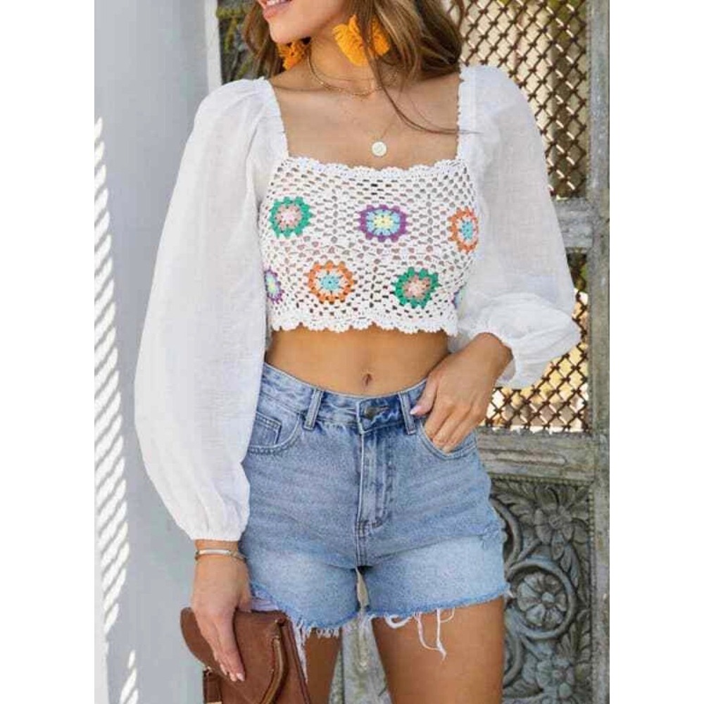 Aerie Crochet Granny Square Balloon Sleeve‎ Boho Crop Top White Size Small